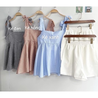 Set style Hàn Quốc S.047, Set áo babydoll hai dây thắt nơ kẻ l và quần short trắng cực xinh ( kèm video ảnh thật)