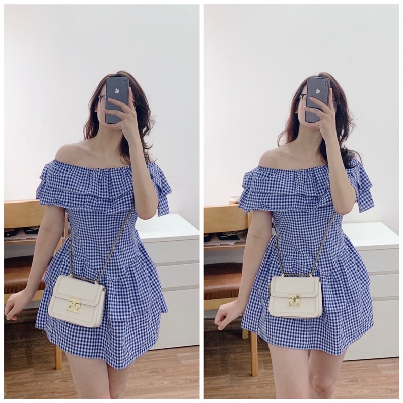 Váy/đầm trễ vai caro xanh ôm body, váy nhúm vai tiểu thư hot hit mùa hè, đi biển | BigBuy360 - bigbuy360.vn
