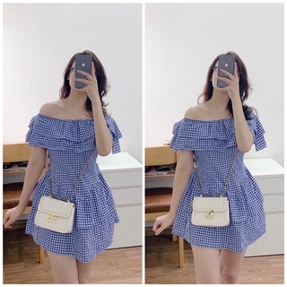 Váy/đầm trễ vai caro xanh ôm body, váy nhúm vai tiểu thư hot hit mùa hè, đi biển