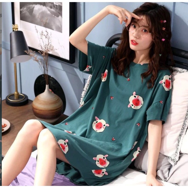Váy ngủ cộc tay | Đầm ngủ dáng suông chất cotton mềm mát họa tiết hoạt hình cute hoạt hình