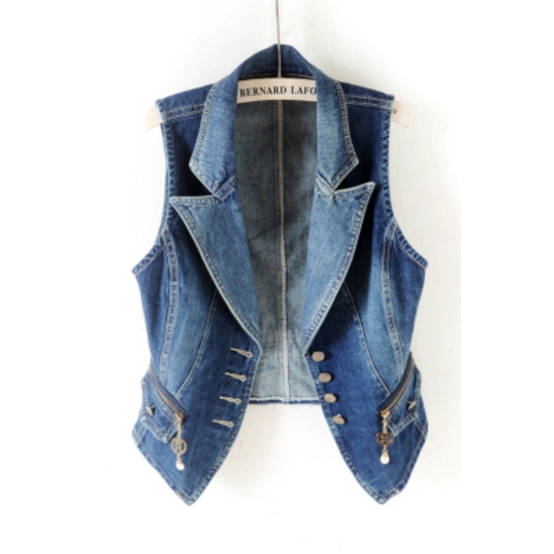 Áo Khoác Denim Không Tay Cổ Vest Thời Trang Cho Nữ