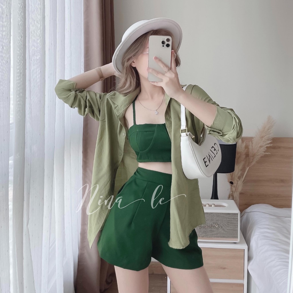 Sét bộ 3 món thời trang nữ áo khoác sơ mi kèm croptop 2 dây, phối quần đùi ống rộng thích hợp cho nàng đi chơi, đi biển.
