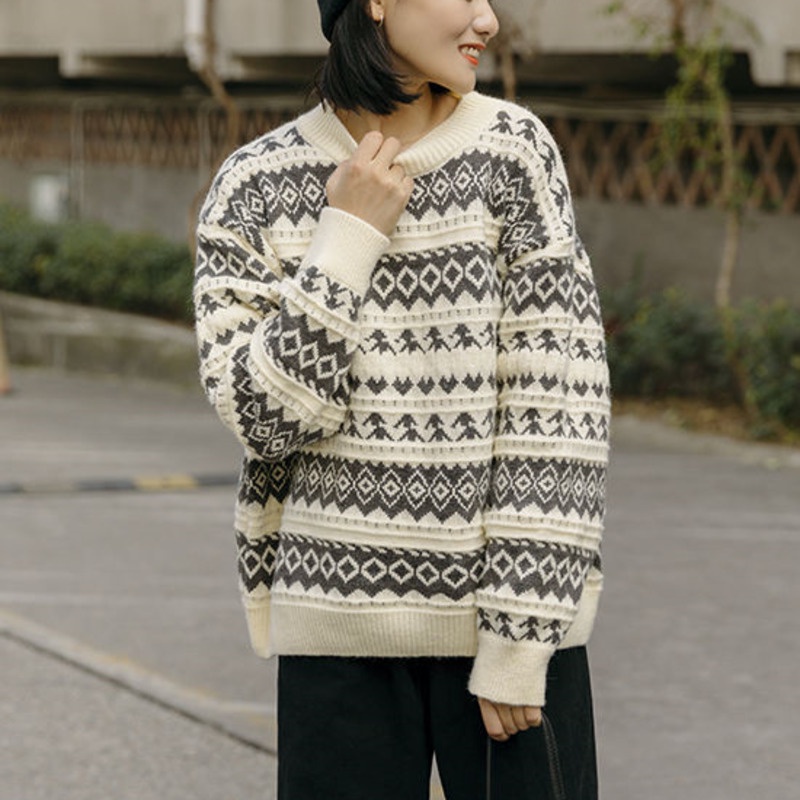 Áo sweater tay dài cổ tròn dáng rộng thời trang xinh xắn cho nữ