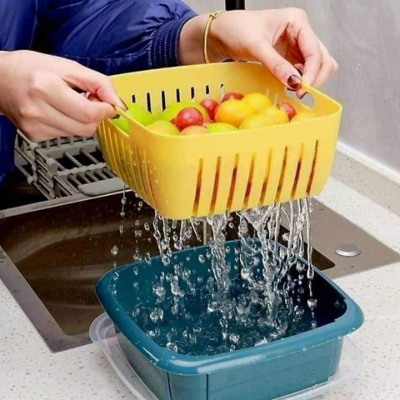 Rổ nhựa kèm thau có nắp đậy 3 trong 1 - chậu vuông 22cm rửa rau củ quả