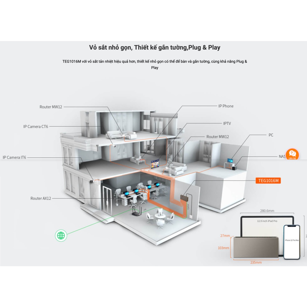 Tenda TEG1016M Switch 16 cổng Gigabit Cao Cấp- Chóng Sét Đánh