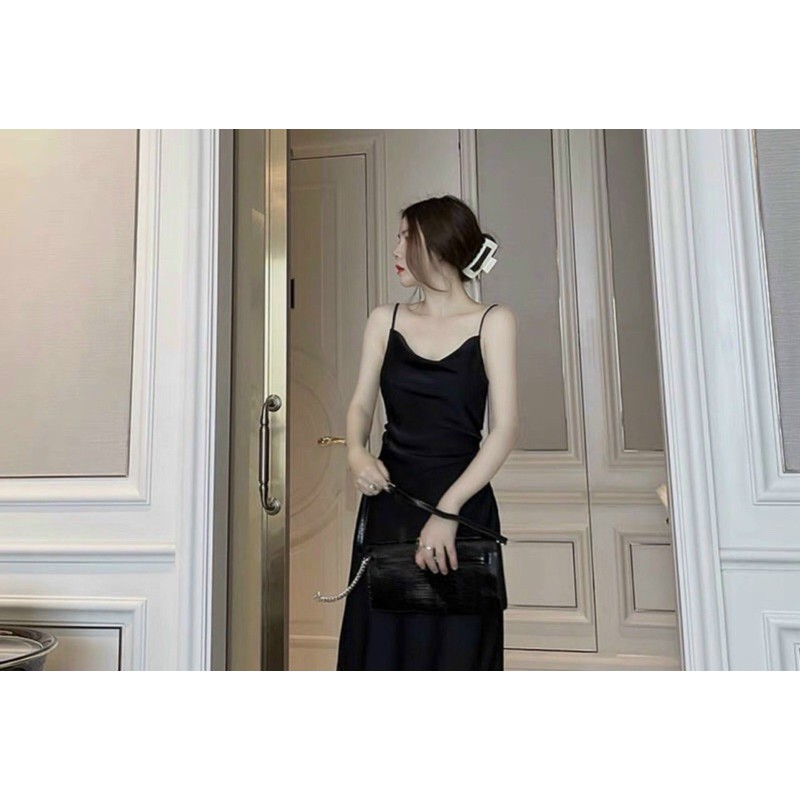 Đầm đen 2d lụa cổ đổ (ảnh thật sàn)