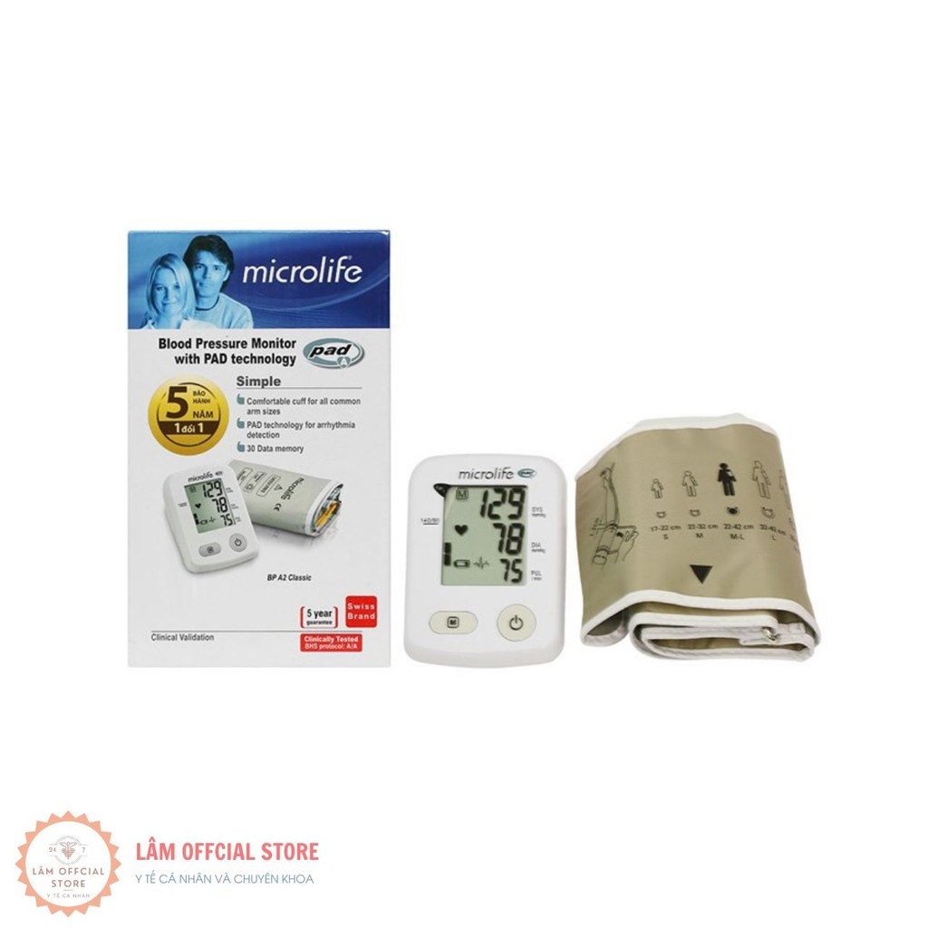 Máy đo huyết áp, máy đo huyết áp điện tử bắp tay MICROLIFE A2 CLassic cảnh báo rối loạn nhịp tim PAD bảo hành 60 tháng