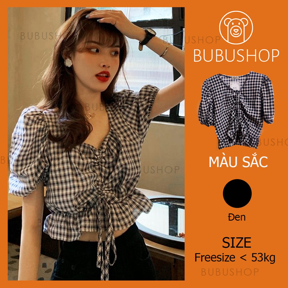 [Áo croptop nữ] Áo croptop kiểu họa tiết kẻ, áo croptop áo kiểu dây rút ngực nữ tính ulzzang BUBUSHOP A05