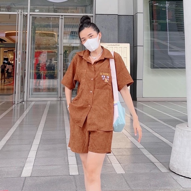 Set bộ nhung tăm thêu chữ mix quần short đùi siêu cá tính BN190