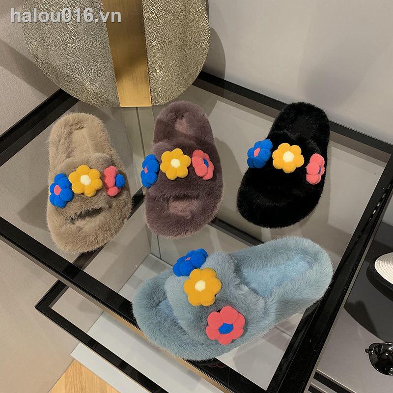 Đôi dép bông đi trong nhà đế bằng đính hoa thời trang mùa đông 2020 cho nữ