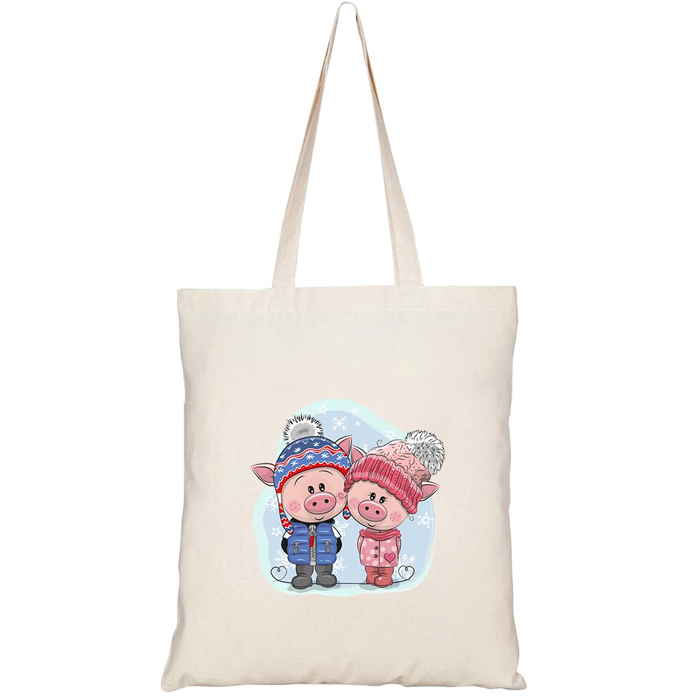 Túi vải tote canvas HTFashion in hình cute winter illustration two pigs HT353