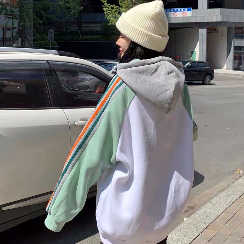Áo Khoác Cardigan Có Mũ Màu Sắc Tương Phản Có Size Lớn 200 Jin Phong Cách Hip Hop Hàn Quốc Dễ Phối Đồ Dành Cho Nữ