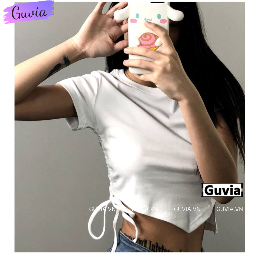 Áo Croptop Nữ TAY NGẮN VẠT NHỌN CỔ TRÒN Phối Dây Rút Hông, Áo Kiểu Croptop Cổ Tròn Tay Ngắn GUVIA CR52