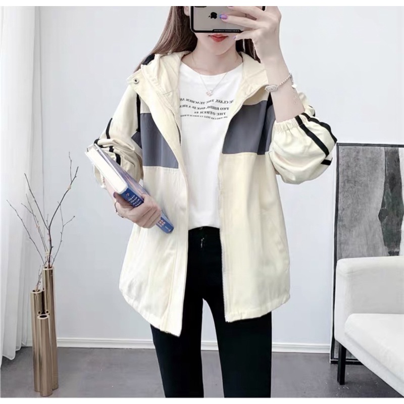 Áo khoác dù nữ 2 lớp phối 3 tầng tay sọc
