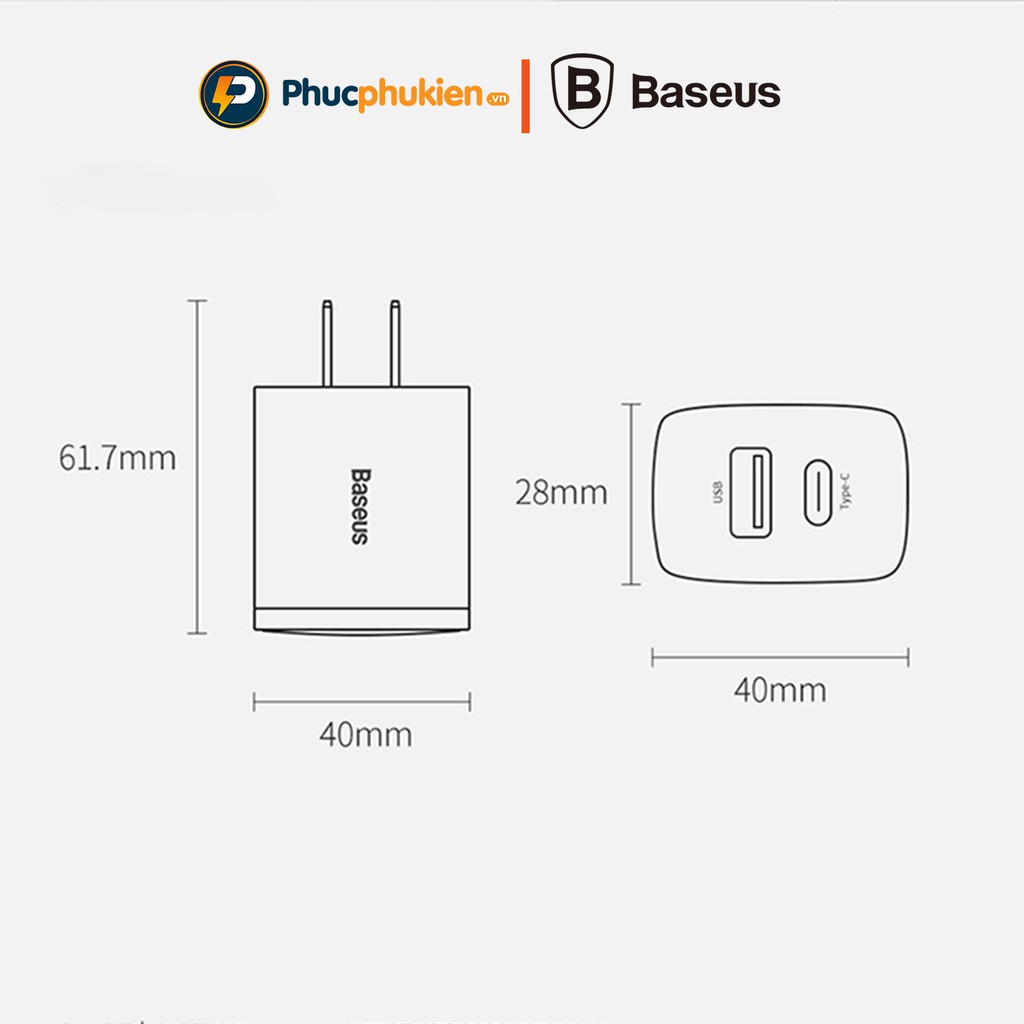 Củ Sạc nhanh iPhone 20w chính hãng Baseus Compact 2 cổng hỗ trợ sạc nhanh iPhone 20W chuẩn QC3.0/PD3.0 - Phúc Phụ Kiện