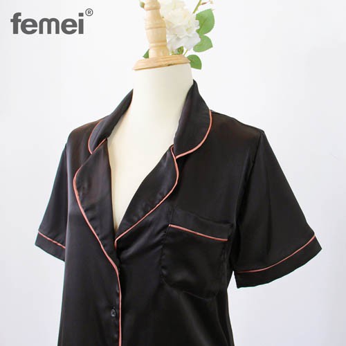 FEMEI - Bộ pijama lụa lửng đen phối viền hồng PNC036