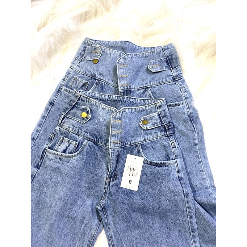 Quần baggy jean ống suông 3 nút lưng siêu cao chỉnh eo