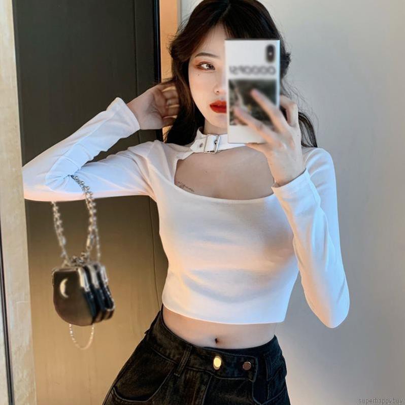 Áo Thun Croptop Tay Dài Cổ Vuông Hở Bụng Thời Trang Hàn Quốc Dành Cho Nữ ❤️