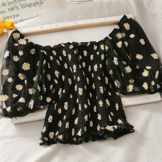 ÁO CROPTOP NỮ NHÚN IN HOA CÚC TAY NGẮN By bear.story