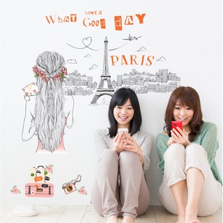 Decal dán tường Hàn Quốc cô gái nhìn ra tháp Eiffel-thành phố paris nước pháp JM7328