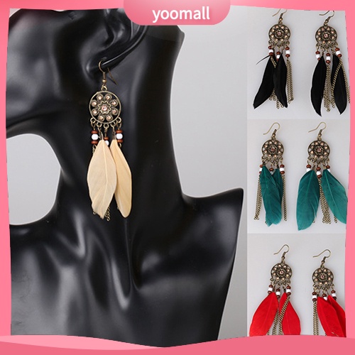 Hoa tai dạng móc phối lông vũ kiểu dreamcatcher phong cách Bohemia cổ điển cho nữ