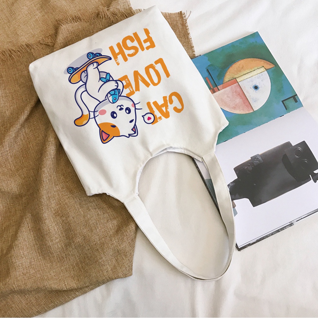 Túi tote vải bố canvas mềm Mèo Maneki cute quai tròn có khóa kéo miệng túi phong cách ulzzang Hàn Quốc