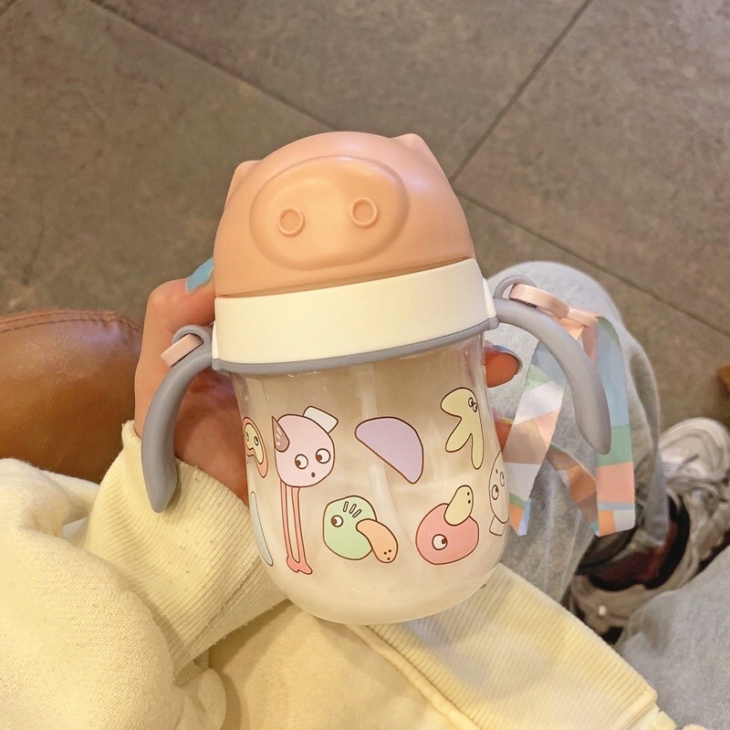 Bình Tập Uống Nước Cho Bé Có Dây Đeo 280ml Hình Con Lợn