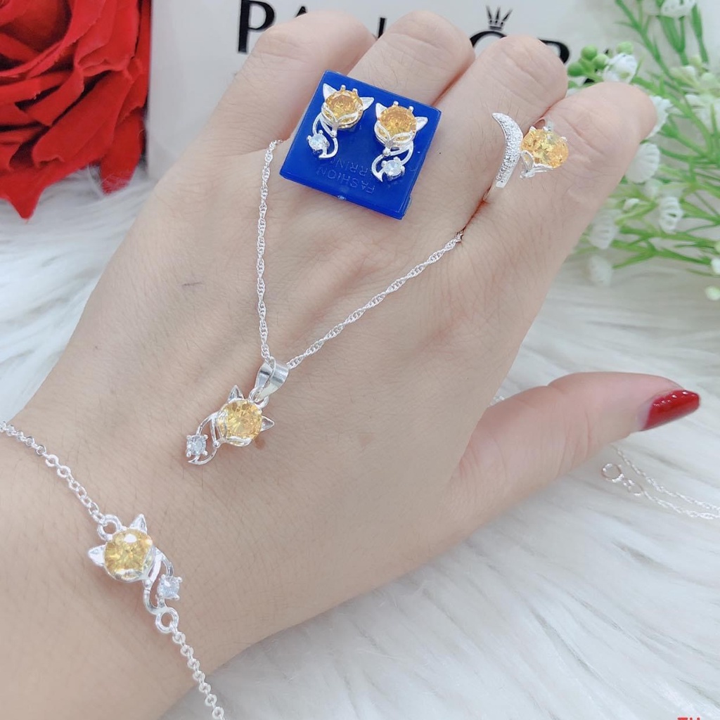 Bộ trang sức bạc mặt hồ ly nhiều màu gồm 4 món, Sét trang sức bạc phong thủy sang trọng nữ tính