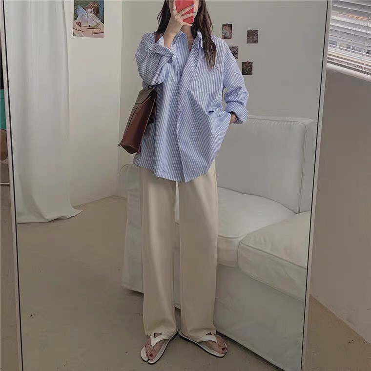 Áo sơ mi thô kẻ sọc dọc vạt chéo, Áo sơ mi Hàn Quốc vạt lệch kẻ sọc dáng rộng