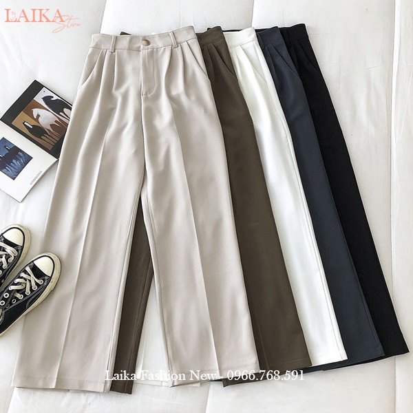 Quần ống rộng nữ lưng cao khóa trước thật vải tuyết mưa dày mềm dáng quần tây nữ ống rộng cạp cao đi học làm công sở đẹp