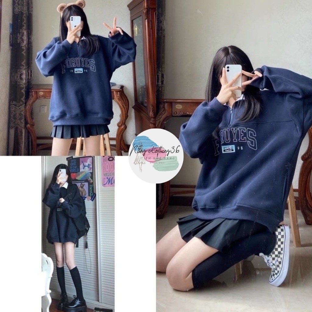 Áo Sweater Nỉ, Áo Sweater Nữ Form Rộng Cá Tính Ulzzang Xanh Đen Cổ Bẻ Chất Nỉ Ngoại Dày Dặn Freesize 38-70kg