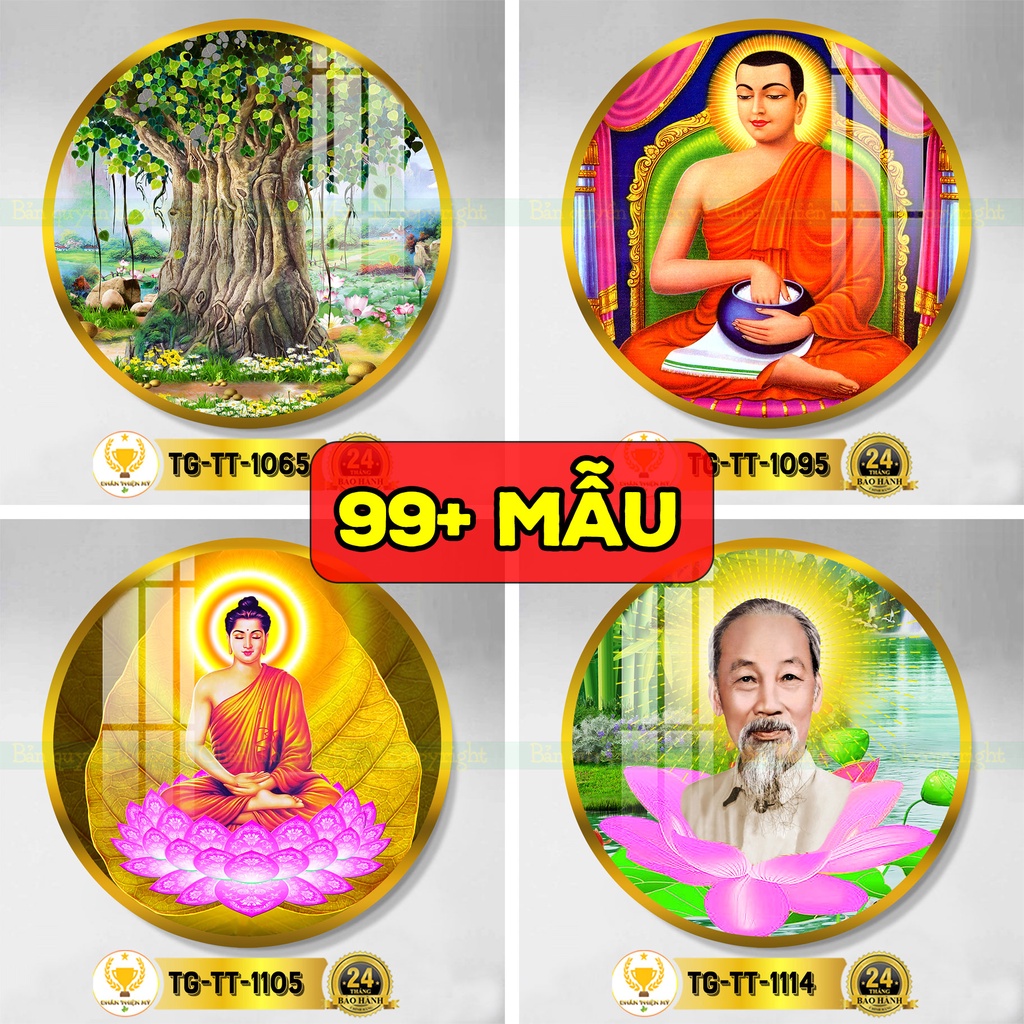 Tranh tròn treo tường tráng gương nhiều mẫu Phật Thích Ca, Thánh Tăng Sivali, Bác Hồ, Bác Giáp
