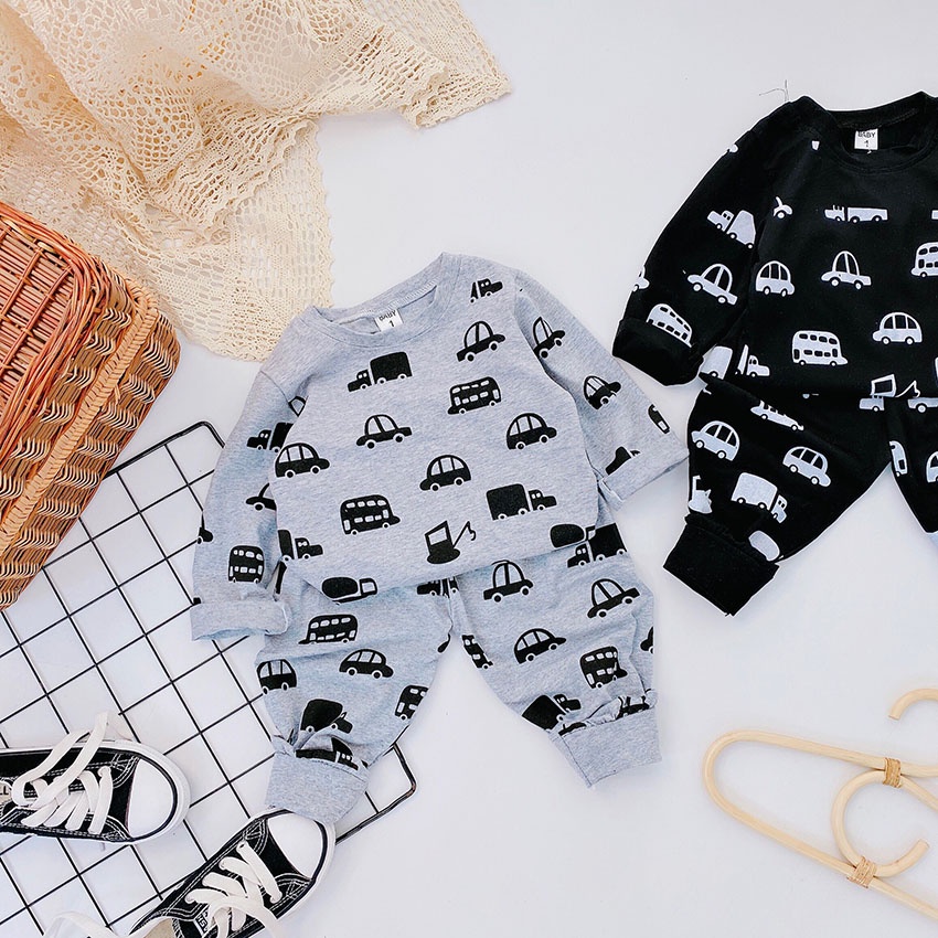 Bộ Quần Áo Dài Tay Thu Đông In Hình Xe Ô Tô Đen Ghi Vải Cotton Cho Bé Từ  8 - 21kg Mã DT 35