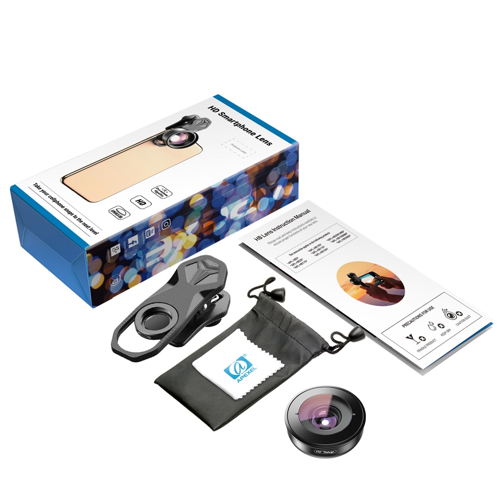 Bộ Ống Kính Apexel Hd 195 Độ Fisheye Cho Điện Thoại Iphone Xiaomi Samsung Huawei