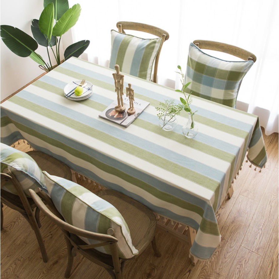 Khăn trải bàn vintage vải bố 140x180cm - sọc xanh lá