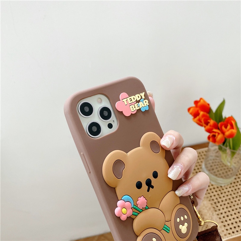 Ốp điện thoại silicon hình chú chó /gấu 3D có dây đeo thích hợp cho iPhone 13 12 11 PRO MAX X XR XS 6 6S 7 8 PLUS