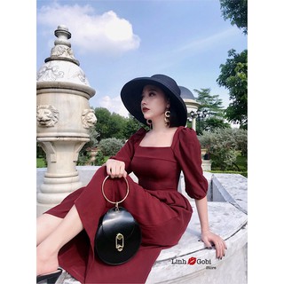váy midi đỏ cổ vuông tay bồng