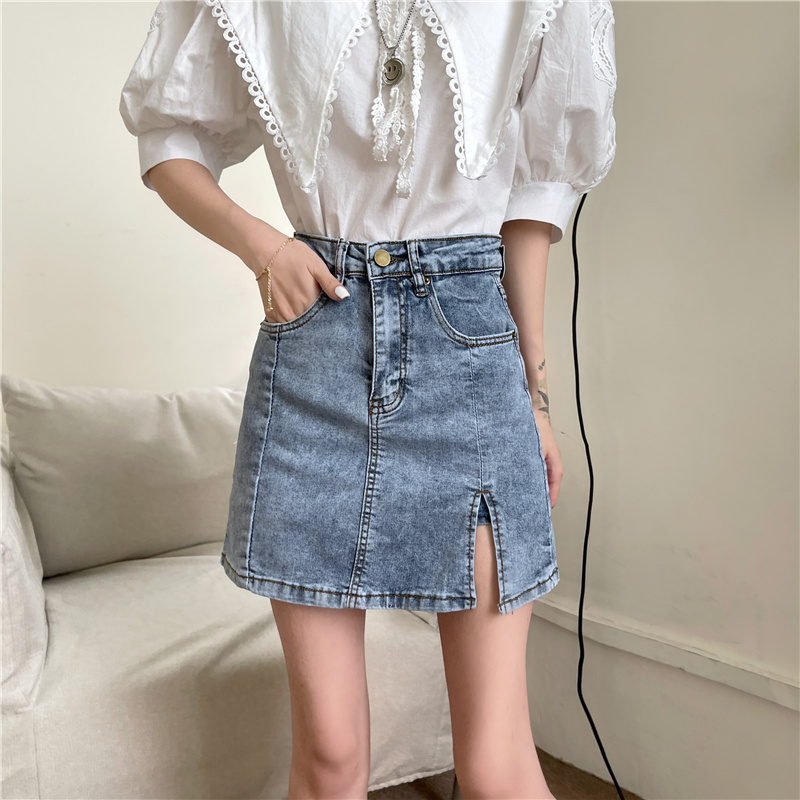 Chân váy jean SUXI dáng chữ A lưng cao xẻ tà thời trang mùa hè cho nữ