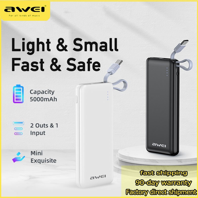 Sạc Dự Phòng awei P2K 5000mAh Portable mobile phone Power bank Data cable Type-c usb multi-port