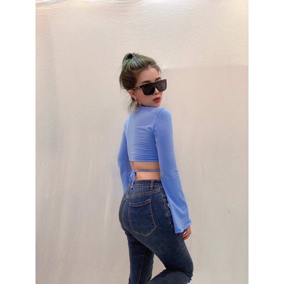 Áo Croptop Tay Dài Xẻ Ngực Cột Chéo Eo - 3459