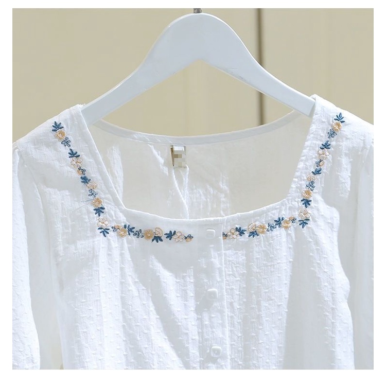 Áo sơ mi cổ vuông dáng rộng thêu họa tiết thời trang phong cách Hàn Quốc cho nữ