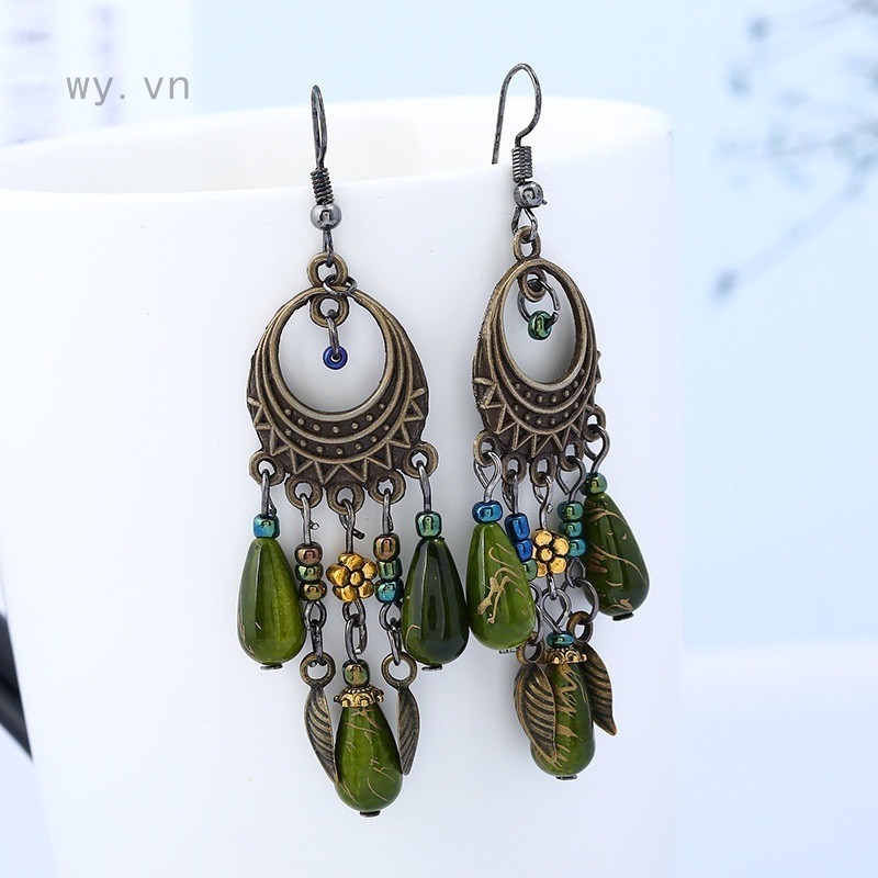 Khuyên tai móc câu họa tiết Boho cổ điển phối màu thời trang