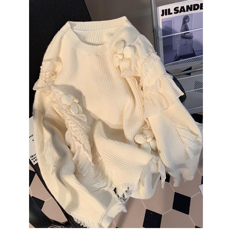 Áo Sweater Dệt Kim Sáp Mềm Dáng Rộng Phối Bèo Phong Cách Ngọt Ngào Thời Trang Mùa Thu