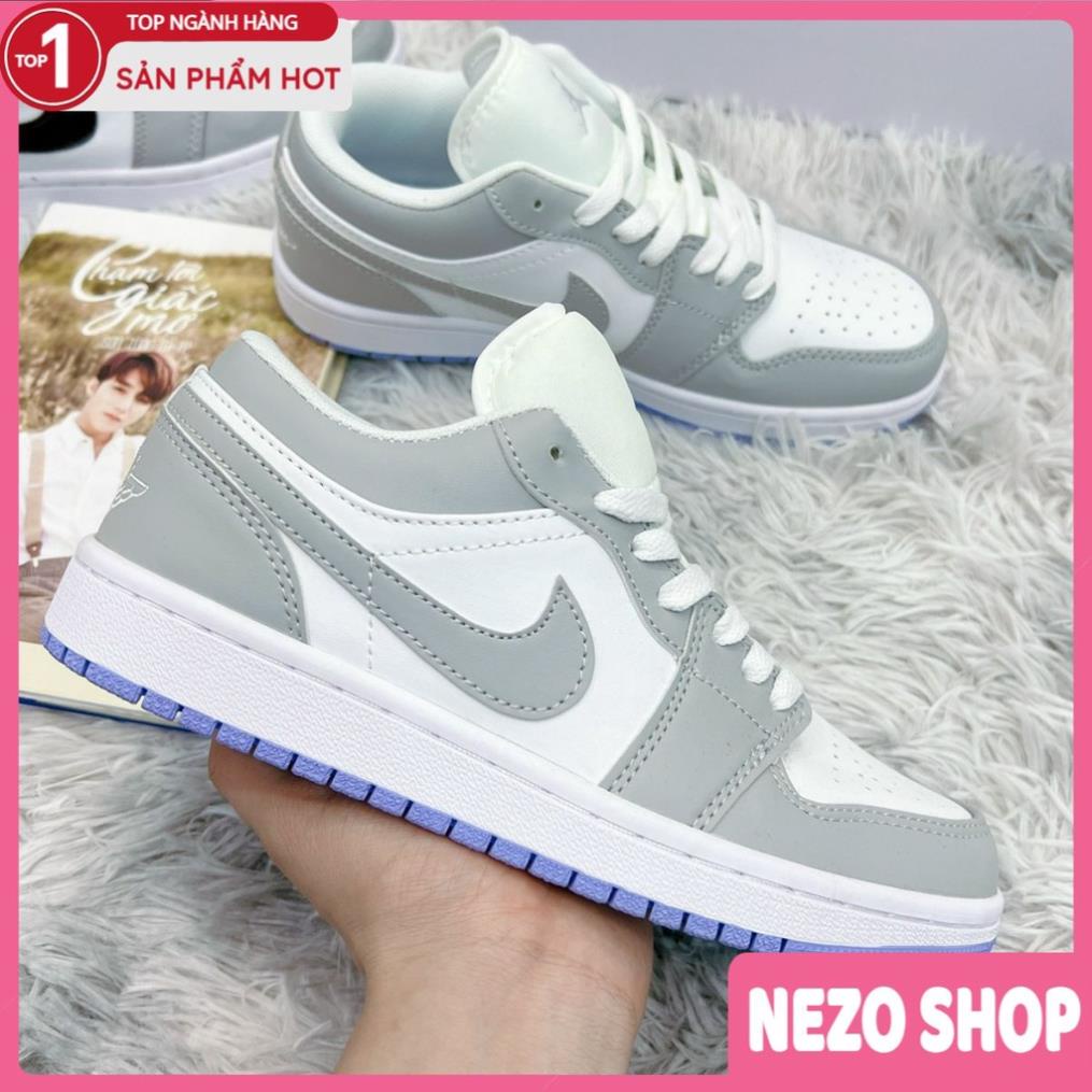 Giày Jordan air cổ thấp màu xám nhạt đế xanh nam nữ, Sneaker JD1 low xám tro đế tím bản đẹp full size 36-43 😆