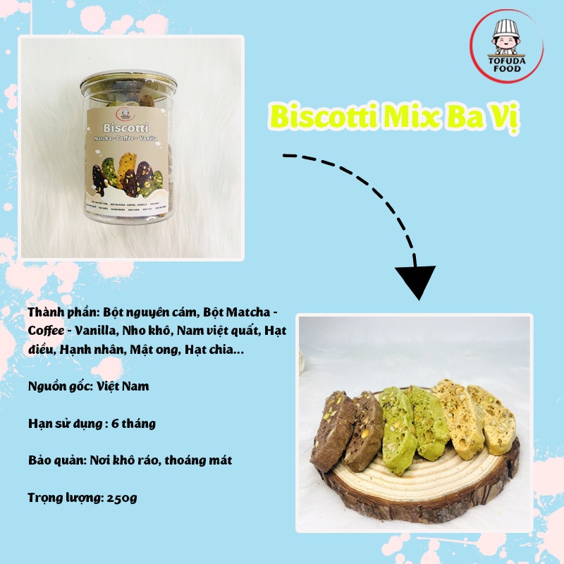 Bánh Biscotti nguyên cám mix 3 vị trà xanh vani cà phê ăn kiêng tăng cơ giảm cân, tiểu đường, eatclean TOFUDA BIS3VI250 | BigBuy360 - bigbuy360.vn