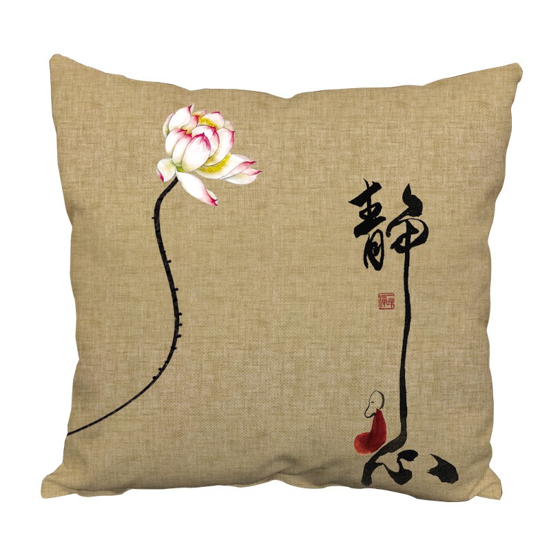 Vỏ Gối Sofa Vải Lanh Họa Tiết Hoa Sen Phong Cách Trung Hoa