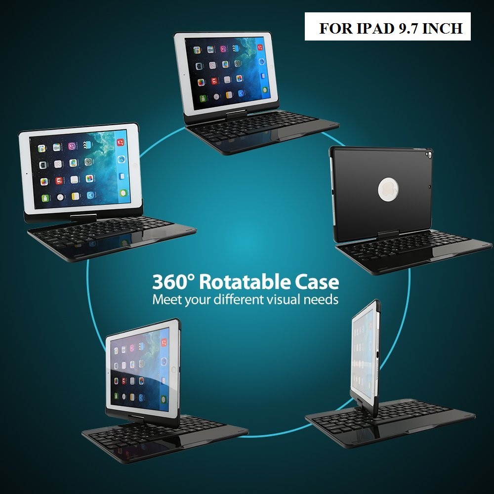 Bàn phím Bluetooth xoay 360 độ cho iPad Air 2, iPad Pro 9.7, New iPad 2017, ipad air - 7 màu đèn cho bàn phím- màu đen | BigBuy360 - bigbuy360.vn
