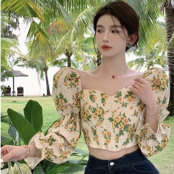 Áo Sơ Mi Tay Dài Phồng Cổ Chữ v Họa Tiết Hoa Thời Trang Xuân Hè Phong Cách Pháp Cổ Điển Kiểu Dáng Mới Dành Cho Nữ