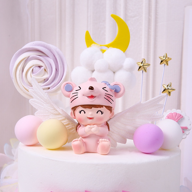trang trí bánh sinh nhật [FREESHIP❤️] em bé chuột xanh hồng siêu dễ thương