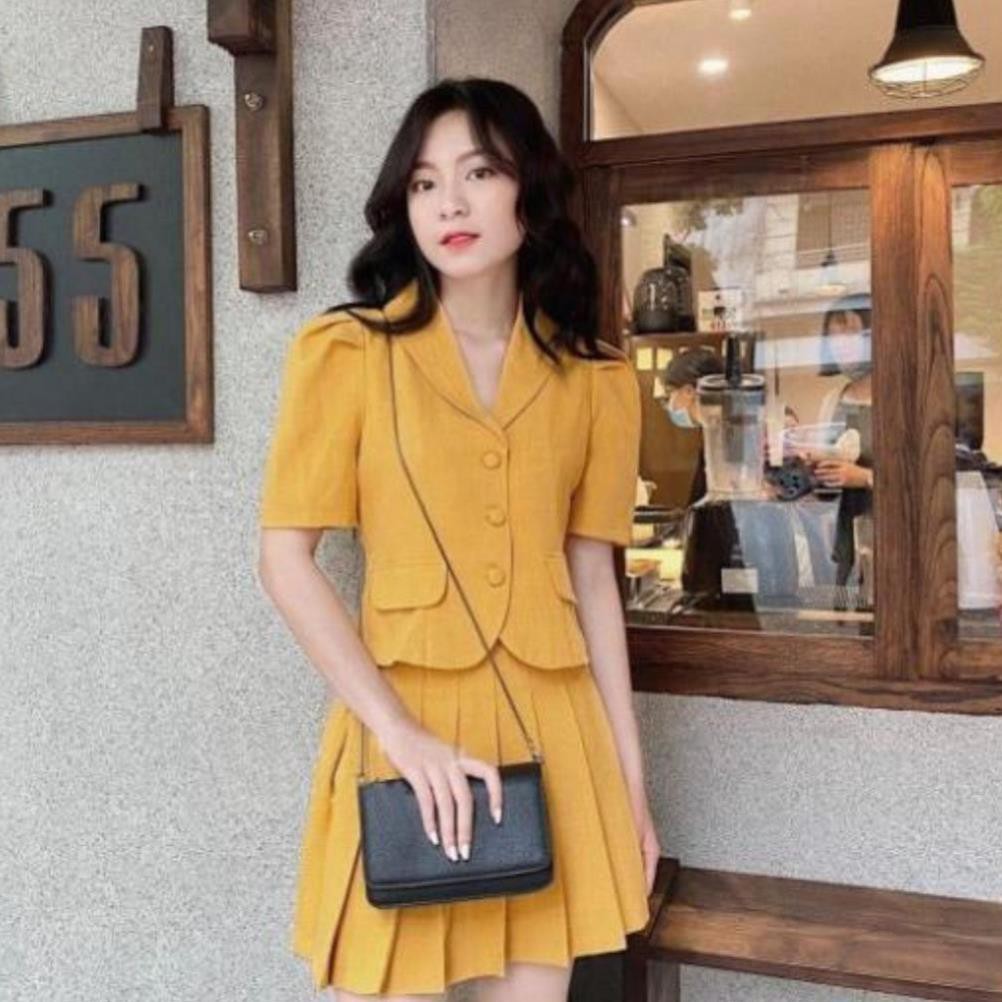 Bộ vest nữ kèm chân váy xếp ly siêu xinh, cổ sam, tay ngắn phong cách Hàn Quốc, có nhiều màu | BigBuy360 - bigbuy360.vn